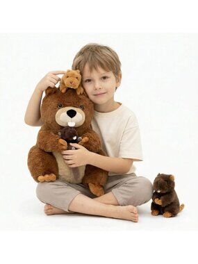 Fluffy Giant Beaver Plush Toy Set with 3 Baby Stuffed Animals - Cute Gift for